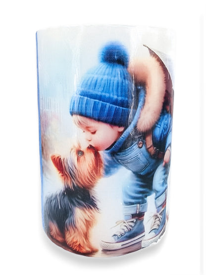 Een jongetje met zijn hondje